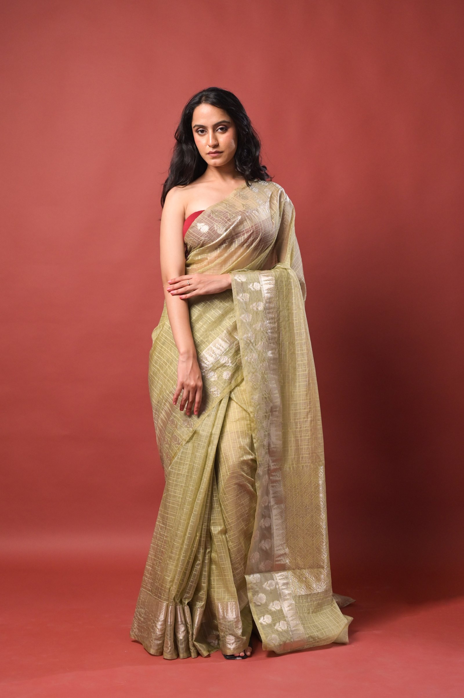 Elegant Check Pattern Pastel Moss Green Banarasi Kora Saree with Blouse
